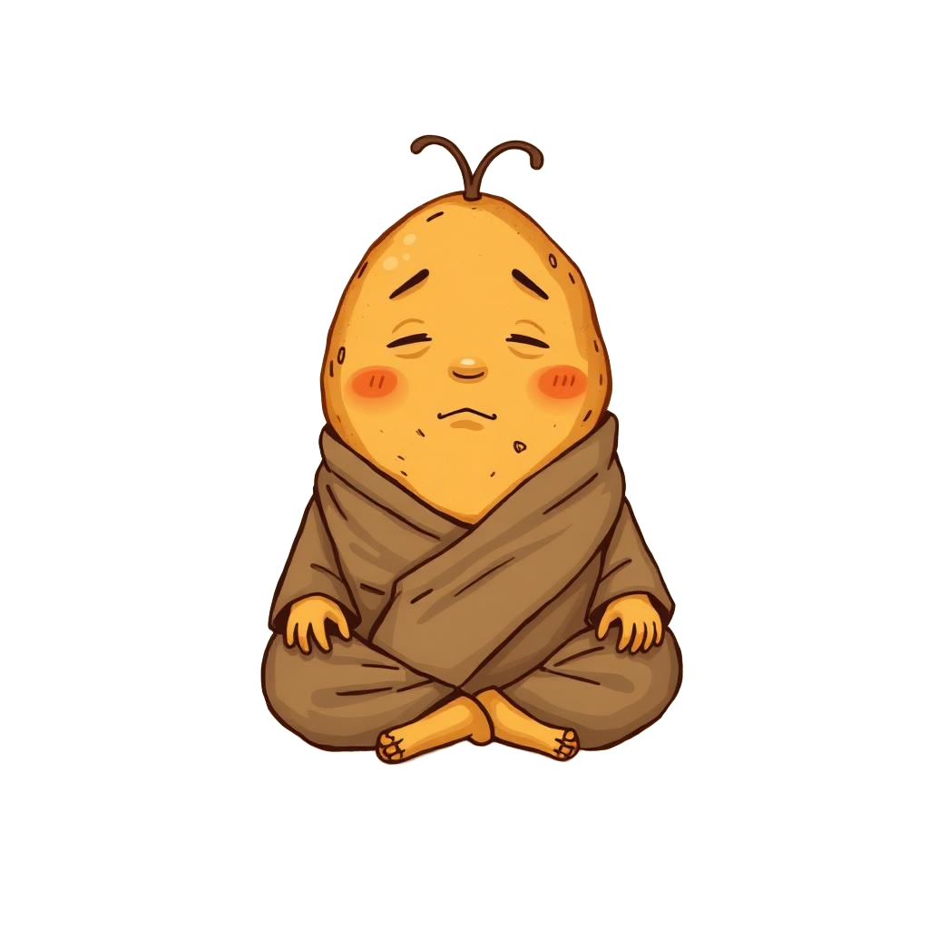 A wise, meditating potato sitting in warm ochre soil